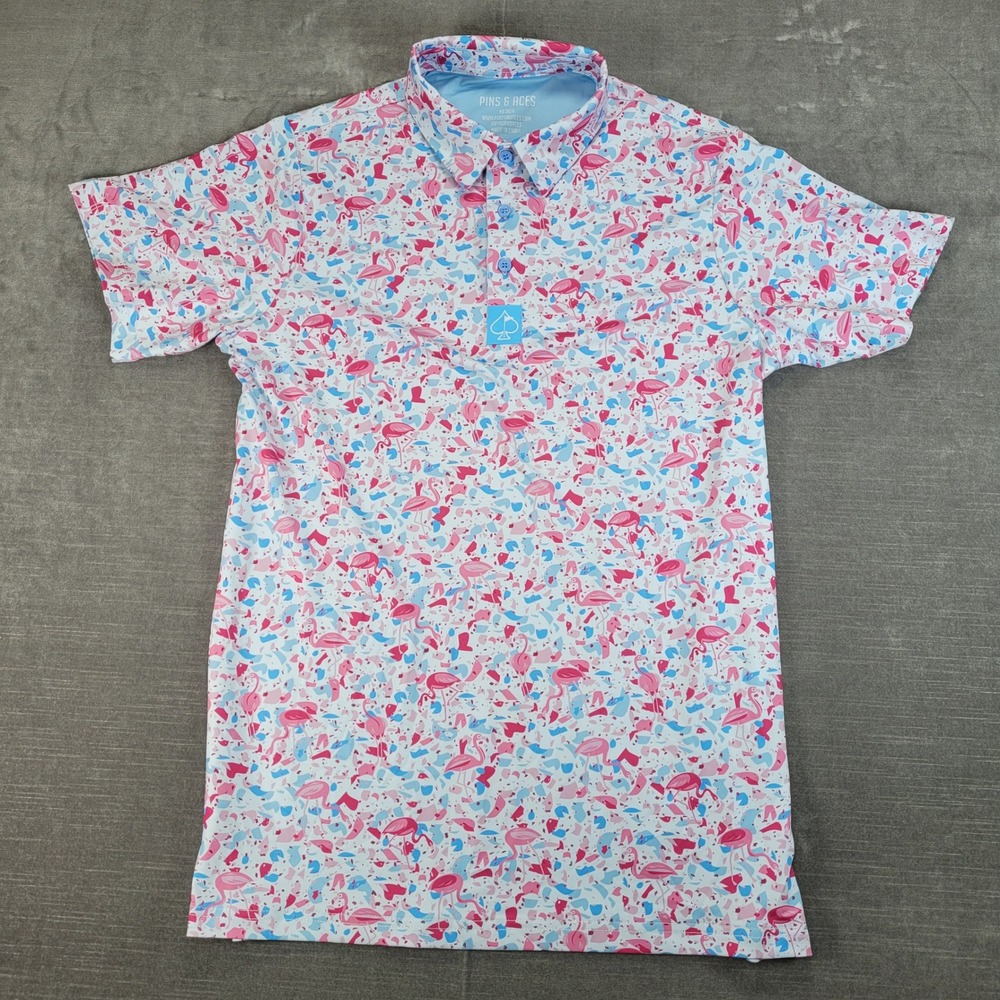 PINS & ACES Mens Flamingo Print Golf Polo Shirt Short Sleeve Size Medium‎